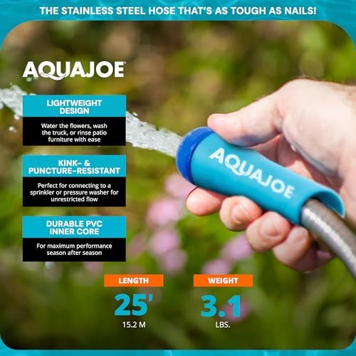 Aqua Joe 50-Foot Heavy Duty Garden Hose, Spiral 304 Stainless Steel Metal Hose, Puncture Proof, 1/2 Inch Diameter with Aluminum Fittings, AJSGH50