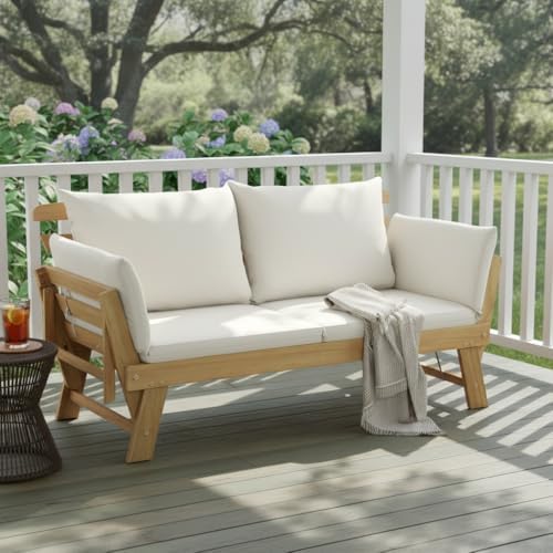 Tangkula Convertible Acacia Wood Patio Couch Sofa Bed with Adjustable Armrest, Outdoor Daybed with Cushion & Pillows