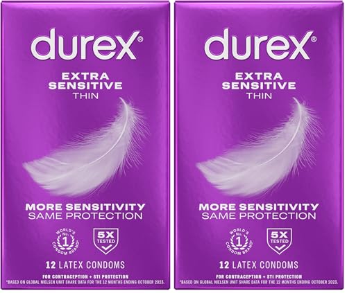 Durex Extra Sensitive Thin Condoms, Lubricated Latex Condoms for Men, 12 Count
