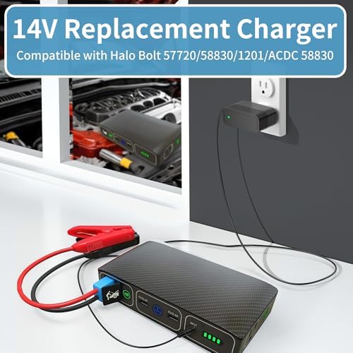14V Charger for Halo Bolt 58830 57720 Jump Starter Adapter Compatible with Halo Bolt 44400 1201 Portable Car Jump Starter Power Supply Cord