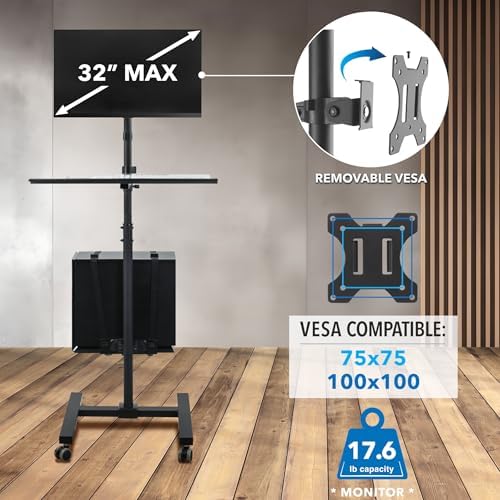 Mount-It! Rolling Computer Cart on Wheels, Mobile Desk Workstation with Monitor Mount for up to 32" Screen, Full Keyboard Tray