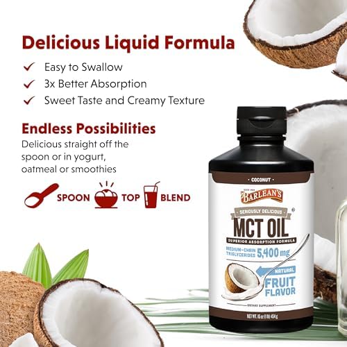 Barlean's MCT Oil Supplement, Coconut Flavored for Keto Coffee, Emulsified Creamy Liquid Syrup with 5,400mg Plant-Based MCT's to Support Energy, Focus and Wellness, 16 oz | Coconut MCT oil, emulsified creamy liquid, keto coffee creamer, energy and focus…
