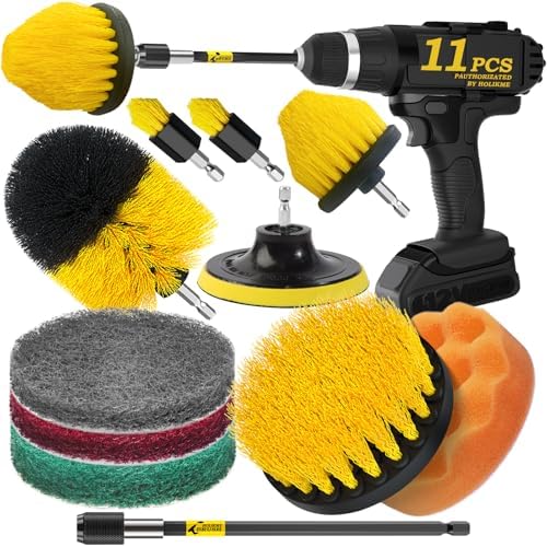 Holikme 11 Piece Drill Brush Attachment Set Scouring Pads Power Scrubber Brush Scrub Pads for Bathroom Surfaces, Floor, Tub, Shower, Grout, Tile