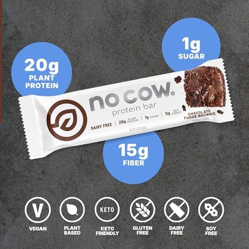 No Cow Chocolate Fudge Brownie Vegan Protein Bars, 12 Pack | 20g High Plant-Based Protein, High Fiber, Low Sugar, Gluten-Free, Dairy-Free, Soy-Free
