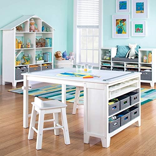Martha Stewart Kids' Art Table and Chair Set - Linen White: Wooden Kids Play Table for Arts and Crafts | Coloring Desk with Paint Cups