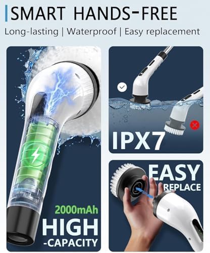Electric Spin Scrubber for Cleaning Bathroom, Shower Scrubber Cordless Cleaning Brush with IPX7 Waterproof & 3 Speed, 9 Brush Heads