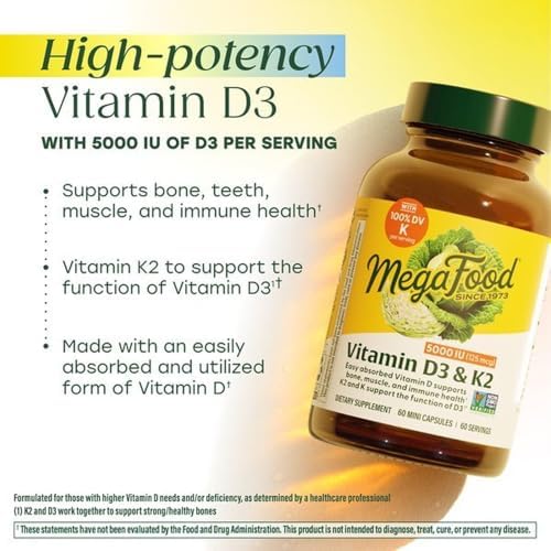 MegaFood Vitamin D3 & K2 5000 IU (125 mcg), 60 Mini Capsules