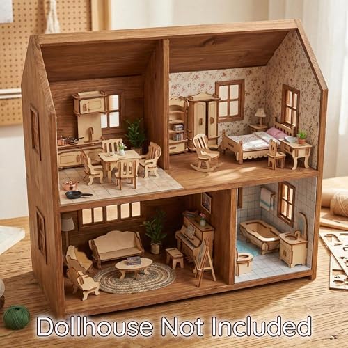 Dollhouse Furniture Set, 34 Wooden Miniatures and Accessories, 1:24 | Laser-cut DIY 3D puzzles, living, dining, kitchen, bath and bedroom pieces