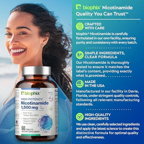 biophix B-3 Nicotinamide 1500 mg 60 Tablets Maximum Strength - Nicotinic Amide Niacin Natural Flush-Free Vitamin Formula - Supports Skin Cell Health