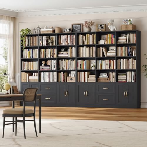 HOSTACK 71" Tall Triple Wide Bookshelf with Storage Drawers & Doors, Green | Large Bookcase with Cabinet, Modern 6-Tier Open Display Shelves, Wood Book Shelf for Living Room, Home Office