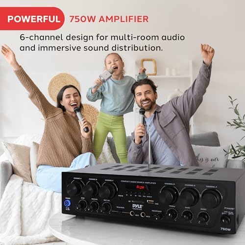 Pyle Bluetooth Wireless Home Amplifier System - Upgraded 6 Channel Audio, 750 Watt Power, Easy Karaoke, Stereo Receiver w USB-A, Micro SD, Headphone