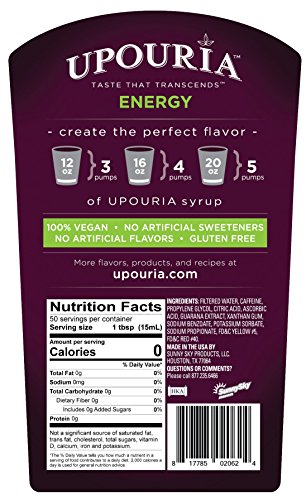 Sunny Sky Upouria Energy Functional Syrup with Caffeine and Guarana Extract, 100% Vegan and Gluten-Free, 750ml bottle - Pump included