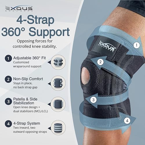 Knee Brace for Men & Women with Patented 4-Way Adjustable Support | Wraparound knee support, dual side stabilizers for patella, Meniscus