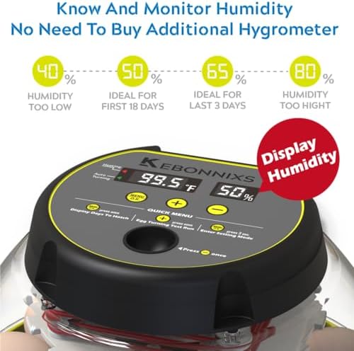 KEBONNIXS 12 Egg Incubator with Humidity Display, Egg Candler, Automatic Egg Turner, for Hatching Chickens