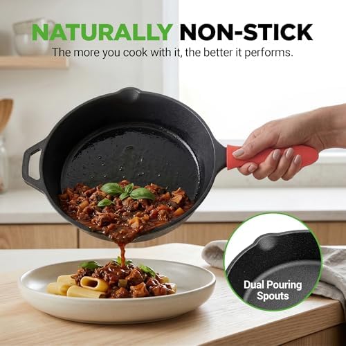 NutriChef 10 Inch Cast Iron Skillet with Lid - Pre-Seasoned Small Fry Pan with Side Drip Spout and Silicone Handle