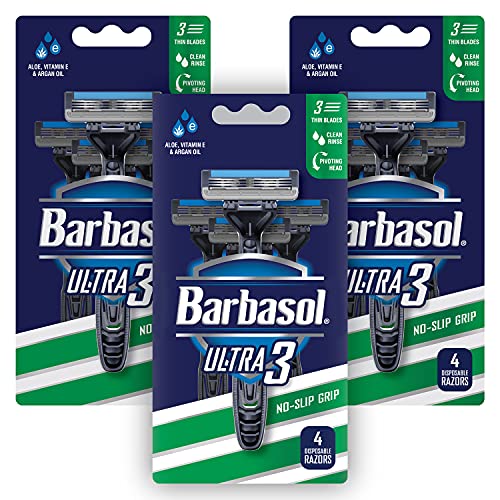 Barbasol Ultra 3 Disposable Razor Value Pack (3 Packs/12 Total Razors) | Premium 3-Blade Disposable Razors, Close Shave Technology, Pivoting Head