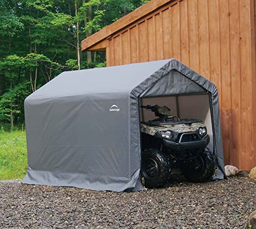 ShelterLogic 10' x 10' Shed-in-a-Box All Season Steel Metal Round Roof Outdoor Storage Shed with Waterproof Cover and Heavy Duty Reusable Auger Anchors, grey
