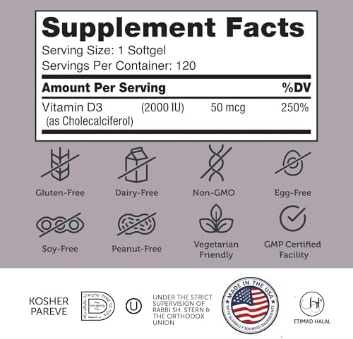 Zahler - Advanced Vitamin D3 2000 IU Softgels (250 Count) Kosher Vegetarian Friendly Vitamin D for Immune Support, Bone, Teeth & Muscle Health - Daily D3 Vitamin Supplement for Adults - Easy Swallow V