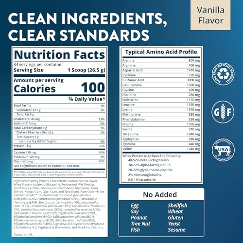 MRM Nutrition Whey Protein - Vanilla Flavored, BCAAs - 34 Servings | Microfiltered Whey Protein Isolate & Concentrate, 16 Different Probiotic Strains, & Digestive Enzymes, Gluten Free