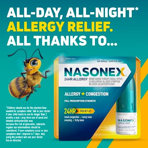 Nasonex 24HR Allergy Nasal Spray, Non-Drowsy, Scent-Free Mist, Allergy Symptoms + Nasal Congestion, Full Prescription Strength, 120 Sprays