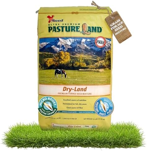 X-Seed Pasture Land Dry-Land Forage Seed Mixture with Micro-Boost – Tall Fescue Orchard Grass Ryegrass Endophyte Free Pasture for Safe Nutrition of Livestock, Formulated for Dry Areas – 25-Pound Bag