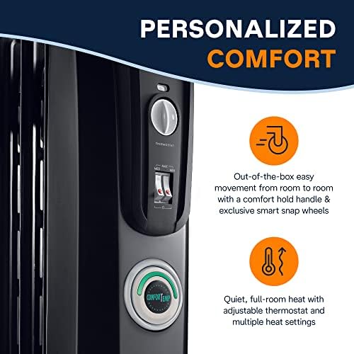 De'Longhi Oil filled Radiator Heater, 1500W Electric Space Heater for indoor use, portable room heater, Energy Saving, full room like office and bedroom with safety features, EW7707CM