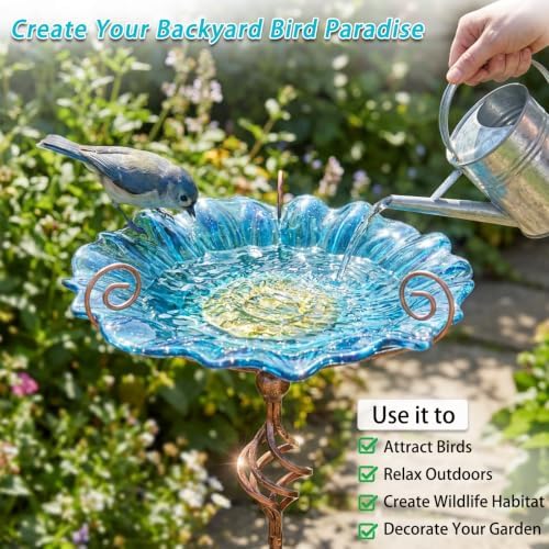 MUMTOP Bird Bath Outdoor, Glass Birdbath Bowl with Stake Garde Decor, Blue