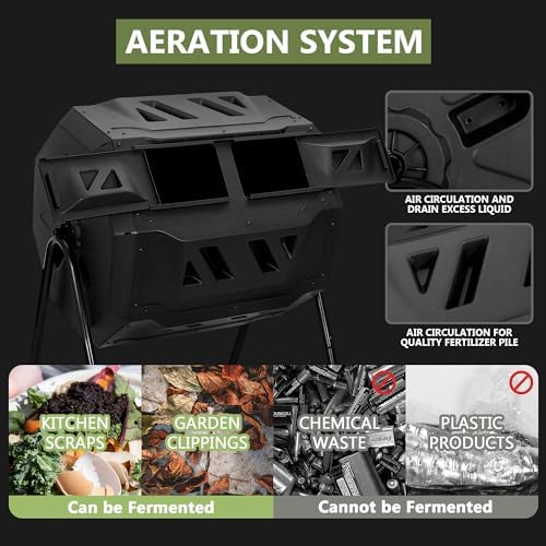 SUPER DEAL Outdoor Compost Tumbler, 43 Gallon Dual Chamber BPA Free Large Compost Bin 360° Rotating Tumbling Composter for Garden Yard, Black