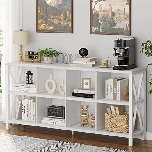 FATORRI 8 Cube Storage Organizer Bookshelf, 62 Inch Wood Horizontal Bookcase, Farmhouse Cube Long Book Shelf