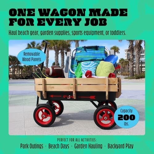 Flexible Flyer All-Terrain Wagon for Kids with Steel Bed & Wood Sides, Extra-Long Pull Handle for Adults, Heavy Duty Toy, Garden & Beach Baby Wagon