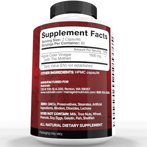 Nutrivein Apple Cider Vinegar Supplement with Mother 1600 mg - 120 Capsules | Unfiltered ACV pills for men and women. Supports digestion