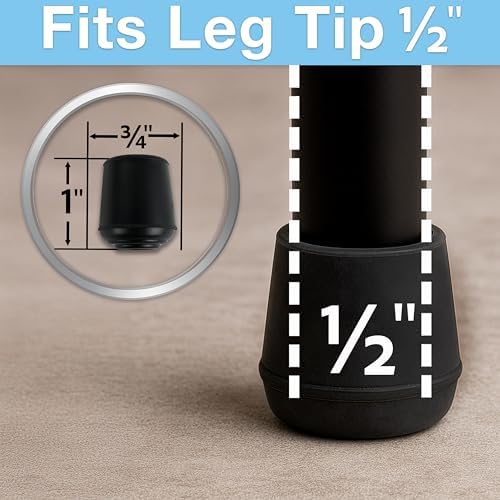 SoftTouch 7/8" Round Non-Marking Rubber Slip-On Chair Leg Tips, Nonslip Protective Furniture Leg Caps for Chairs, Stools, and Tables on Hard Surfaces, Set of 4, Black