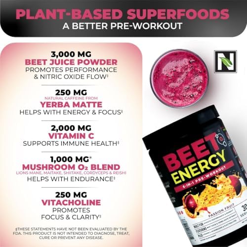 Nutrology Beet Energy O2 Pre Workout Passion Fruit Flavor - 30 Servings | Beet Juice Powder, Yerba Mate, Adaptogens, Electrolytes, Energy Support