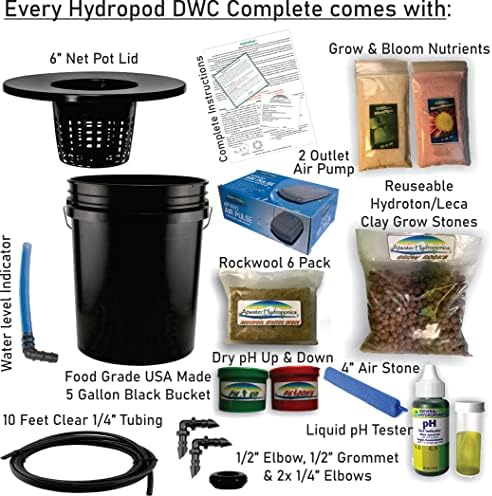 The Atwater HydroPod - DWC Deep Water Culture Garden System Kit - 5 Gallon Bubble Bucket - Bubbleponics - Nutrients & pH Testing/Adjusting Kits are