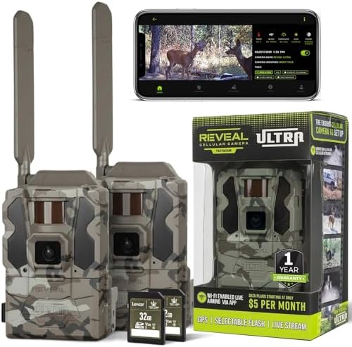 TACTACAM Reveal Ultra Cellular Trail Cameras – 4K Photo, 1080P Video, Live Streaming, GPS, Low-Glow/No-Glow Flash, LTE + 32GB SD Cards (2PK)