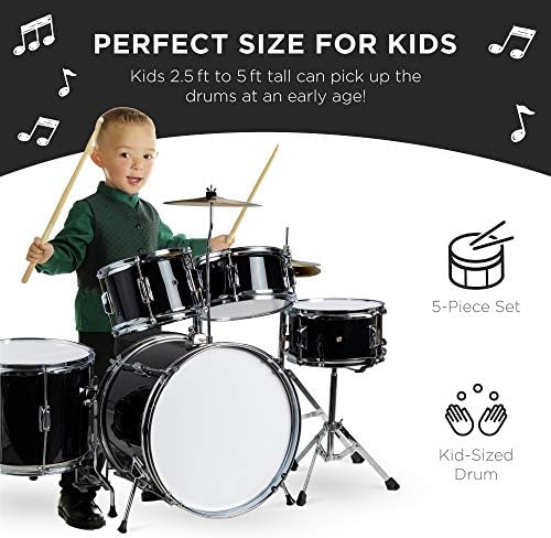Best Choice Products Kids 5-Piece Beginner Drum Set Junior Kit, Starter Percussion w/Cymbals, Pedal, Drumsticks, Stool, Toms, Snare, Hi Hat - Black