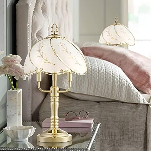 Polished Brass Flower Petal 15" Small Table Lamp Gold Touch 4-Way Glass Off | Etched Shade Art Traditional Cottage Floral Bedroom House Bedside Nightstand Home Office Living Room
