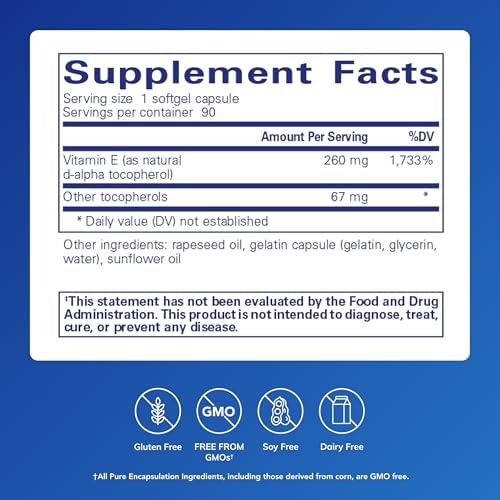 Pure Encapsulations Vitamin E (with Mixed Tocopherols) - Antioxidant Protection & Cellular Function* - Contains Mixed Tocopherols - Non-GMO - 90 Softgel Capsules | Antioxidant Protection and Cellular Function*, Contains Mixed Tocopherols, Non-GMO