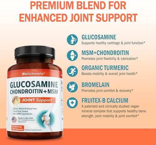 Glucosamine Chondroitin MSM Joint Support Supplement, 90 Capsules | Turmeric & Ginger, Hyaluronic Acid, Collagen, Glucosamine Chondroitin Sulfate for Joint Comfort, Gluten Free, Non GMO