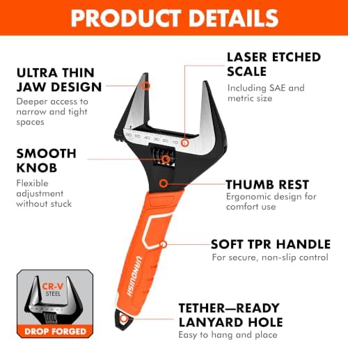 VANQUISH 12 Inch Adjustable Wrench, 2-3/8” Wide Jaw Opening Plumbing Wrench, CR-V Steel, SAE and Metric Scale Marked, With Comfort Grip Handle and Hanging Hole (3154)