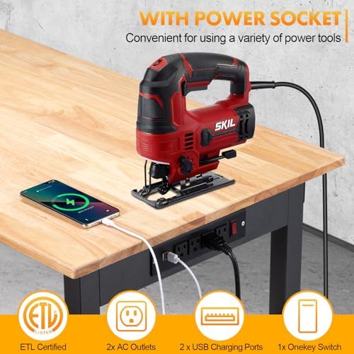48" Adjustable Workbench, Work Table with Wheels and Power Outlet | 2000LBS Load Capacity Rubber Wood Top Workstation, Heavy-Duty Craft Table for Garage Workshop