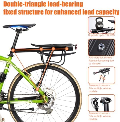 HOMEE Rear Bike Rack, Bike Cargo Racks Frame for 26"-29" Frames | Aluminum Alloy Universal Adjustable Cycling Equipment Stand Footstock Bicycle Luggage Carrier with Tools and Reflector