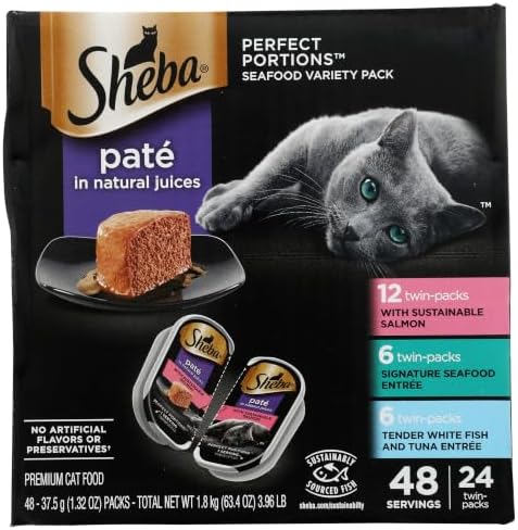 Sheba Perfect Portions Pate Wet Cat Food, Seafood Pack, 2.6 oz, 12 ct, 2pk | Grain-free, made in USA, Salmon & Whitefish-Tuna, 48 servings total, sustainable seafood, twin-pack trays