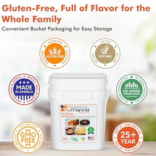 Numanna No-Gluten Family Pack Bucket – 126 Servings, 20 lbs | 25-Year Shelf Life | 1-Month Non-Perishable Meal Kit | Emergency Food Supply, Everyday Use, Quick-Prep Survival Meals | Made in USA | Pack of 1