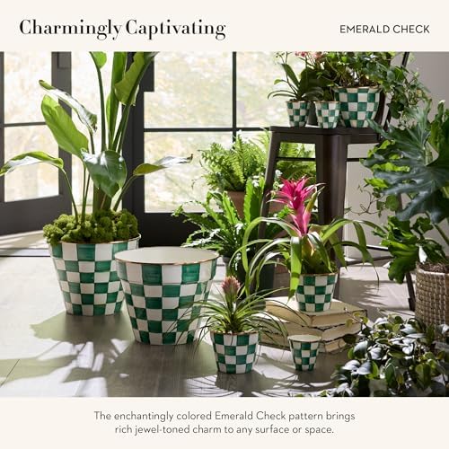 MACKENZIE-CHILDS Enamel Herb Pot Set, Small, Black-and-White Courtly Check | Hand-painted design, small plant pots for herbs or flowers, 8-ounce capacity per pot, set of 3