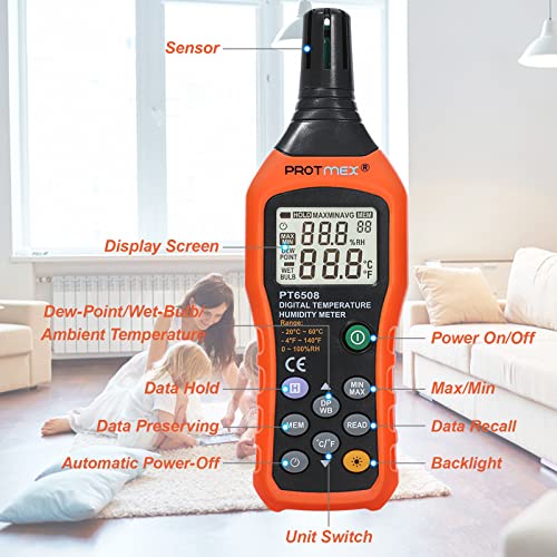 Digital Temperature Humidity Meter, Thermometer Hygrometer with Ambient Dew Point and Wet Bulb Temperature Indoor and Outdoor