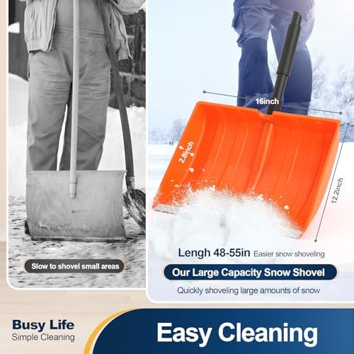 Yocada Snow Shovel 55" Long for Home Garage Driveway Snow Removal | D-Grip Handle Aluminum Strip Large Capacity Orange Shovel for Garden Car Camping