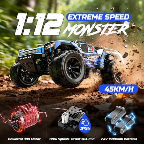 DEERC 1:12 Fast RC Cars 45KPH, 4WD High Speed Short Course RC Truck, Off-Road All Terrain Remote Control Car with 2 Batteries & Spare Tire