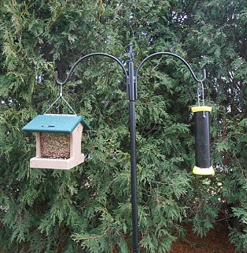 Birds Choice Erva 2 Arm Complete Bird Feeder Pole Set with Squirrel Baffle Steel Bird Feeder Mounting Pole Made in USA | Hangs 2 Feeders at Once