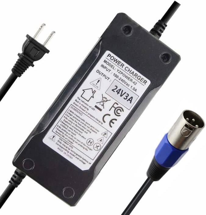 24V 3A Charger, Battery Adapter, Mongoose, Jazzy, GT, eZip, Go-Go Elite Traveller, Shoprider, Jazzy Select 6 Ultra